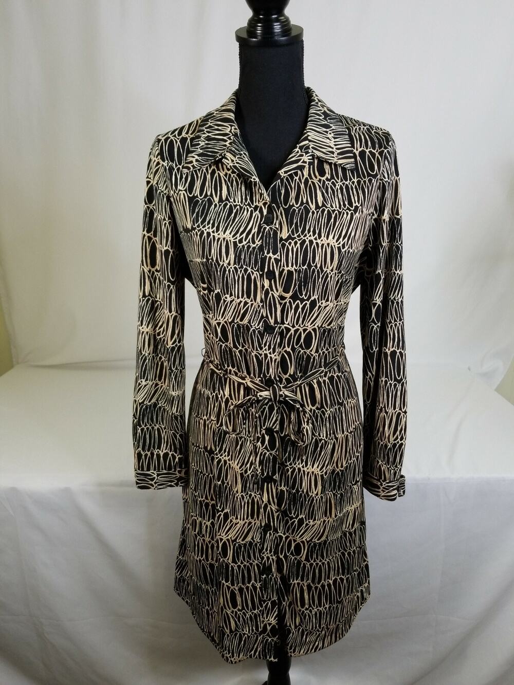John Roberts Ladies Petite Black and Tan Dress Size 12P Button Down Waist Tie